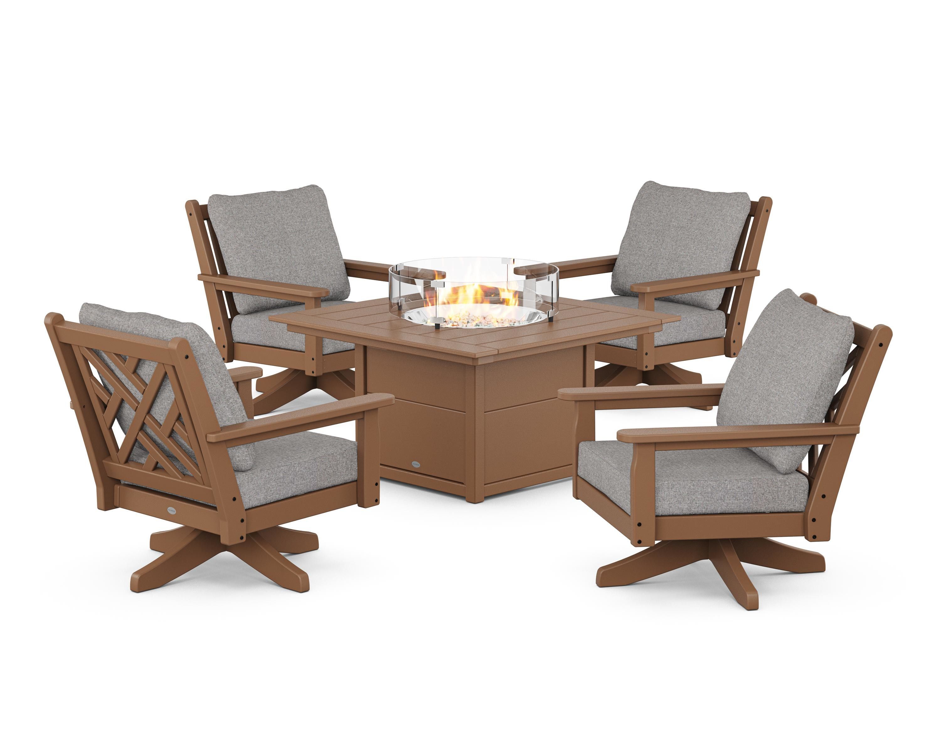 POLYWOOD® Chippendale 5-Piece Deep Seating Swivel Conversation Set with Fire Pit Table in Teak / Grey Mist