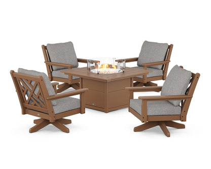 POLYWOOD® Chippendale 5-Piece Deep Seating Swivel Conversation Set with Fire Pit Table in Teak / Grey Mist