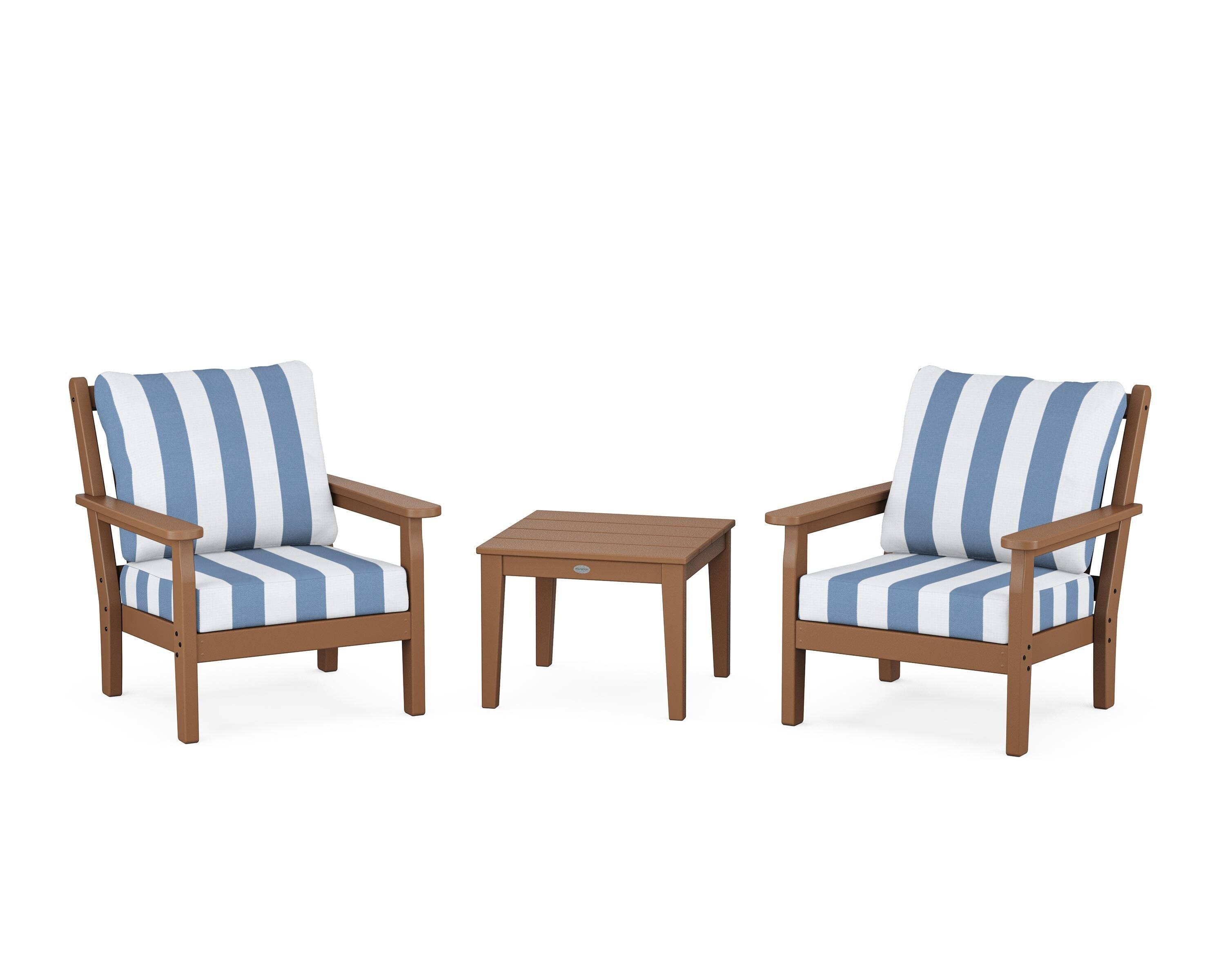 POLYWOOD® Chippendale 3-Piece Deep Seating Set in Teak / Cabana Stripe Sky Blue