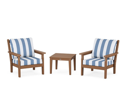 POLYWOOD® Chippendale 3-Piece Deep Seating Set in Teak / Cabana Stripe Sky Blue