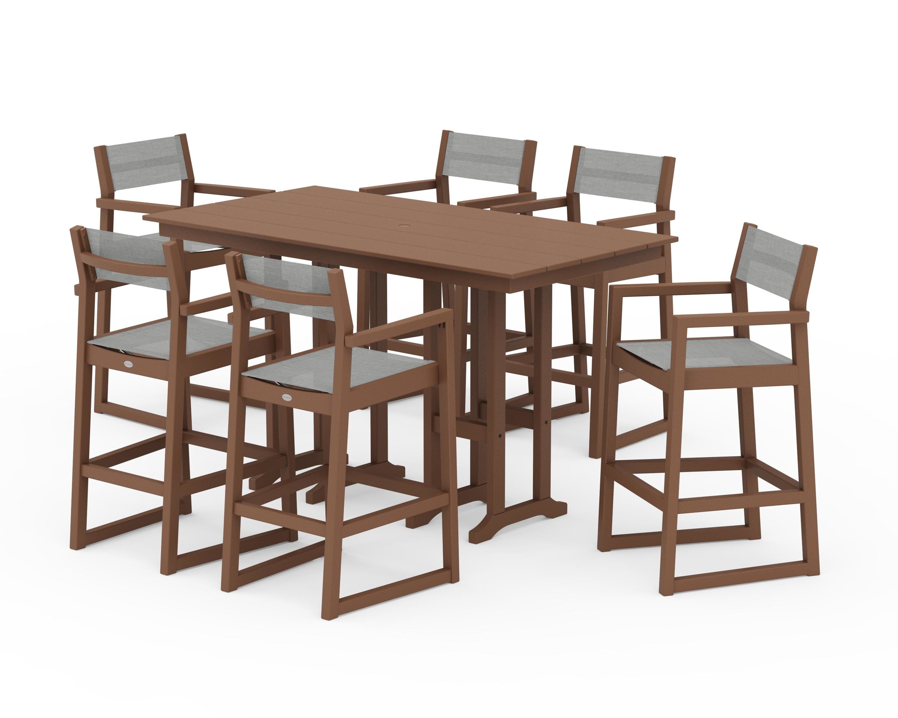 POLYWOOD® EDGE Sling Arm Chair 7-Piece Farmhouse Bar Set in Teak / Metallic Sling
