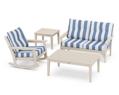 POLYWOOD® Vineyard 4-Piece Deep Seating Rocker Set in Sand / Cabana Stripe Sky Blue