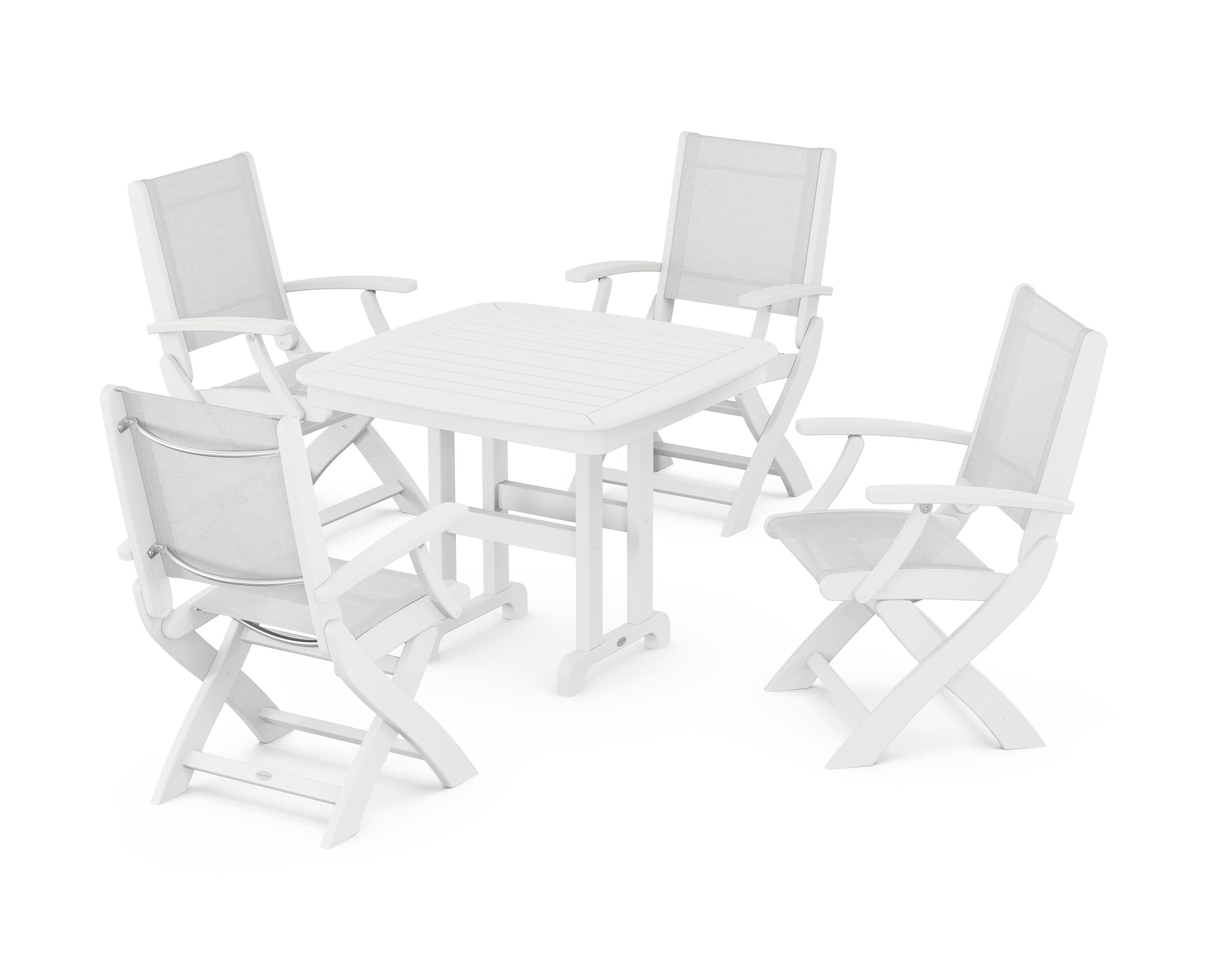POLYWOOD® Coastal Folding Chair 5-Piece Dining Set in White / White Sling