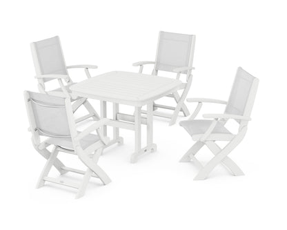 POLYWOOD® Coastal Folding Chair 5-Piece Dining Set in White / White Sling