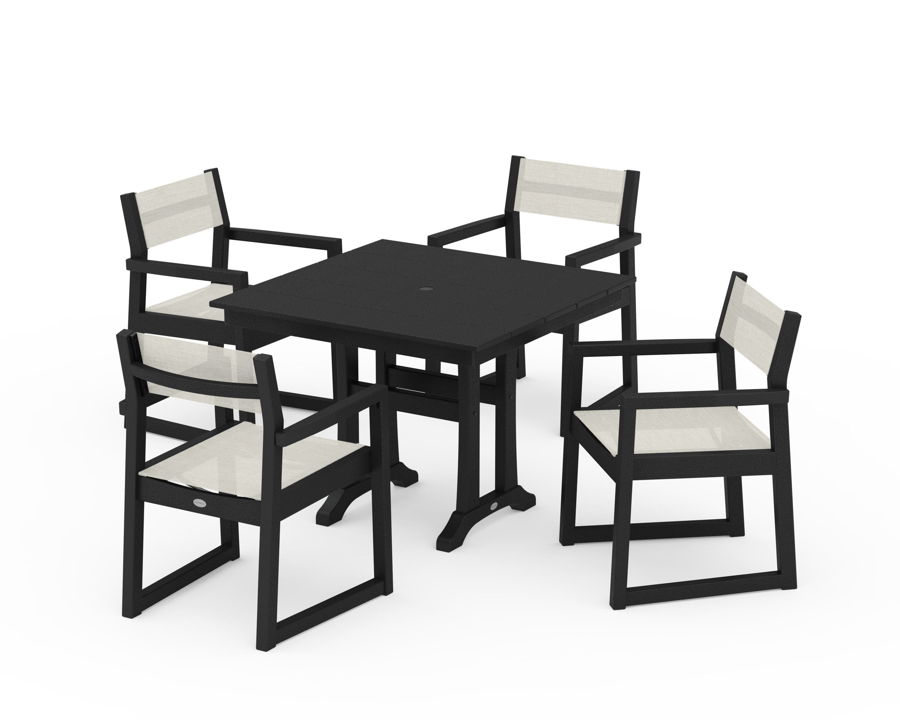 POLYWOOD® EDGE Sling 5-Piece Farmhouse Dining Set with Trestle Legs in Black / Parchment Sling