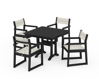 POLYWOOD® EDGE Sling 5-Piece Farmhouse Dining Set with Trestle Legs in Black / Parchment Sling