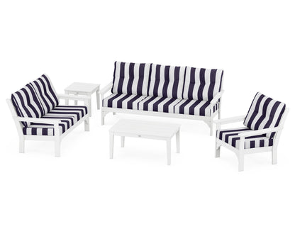 POLYWOOD® Vineyard 5 Piece Deep Seating Set in White / Cabana Stripe Navy
