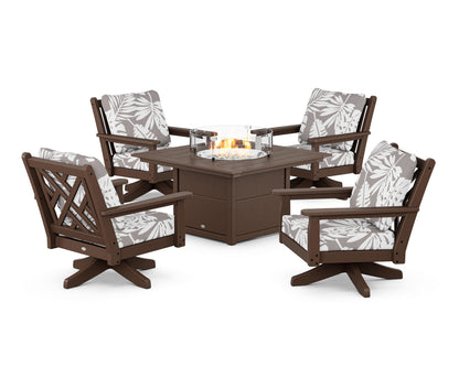 POLYWOOD® Chippendale 5-Piece Deep Seating Swivel Conversation Set with Fire Pit Table in Mahogany / Leaf Grey Mist