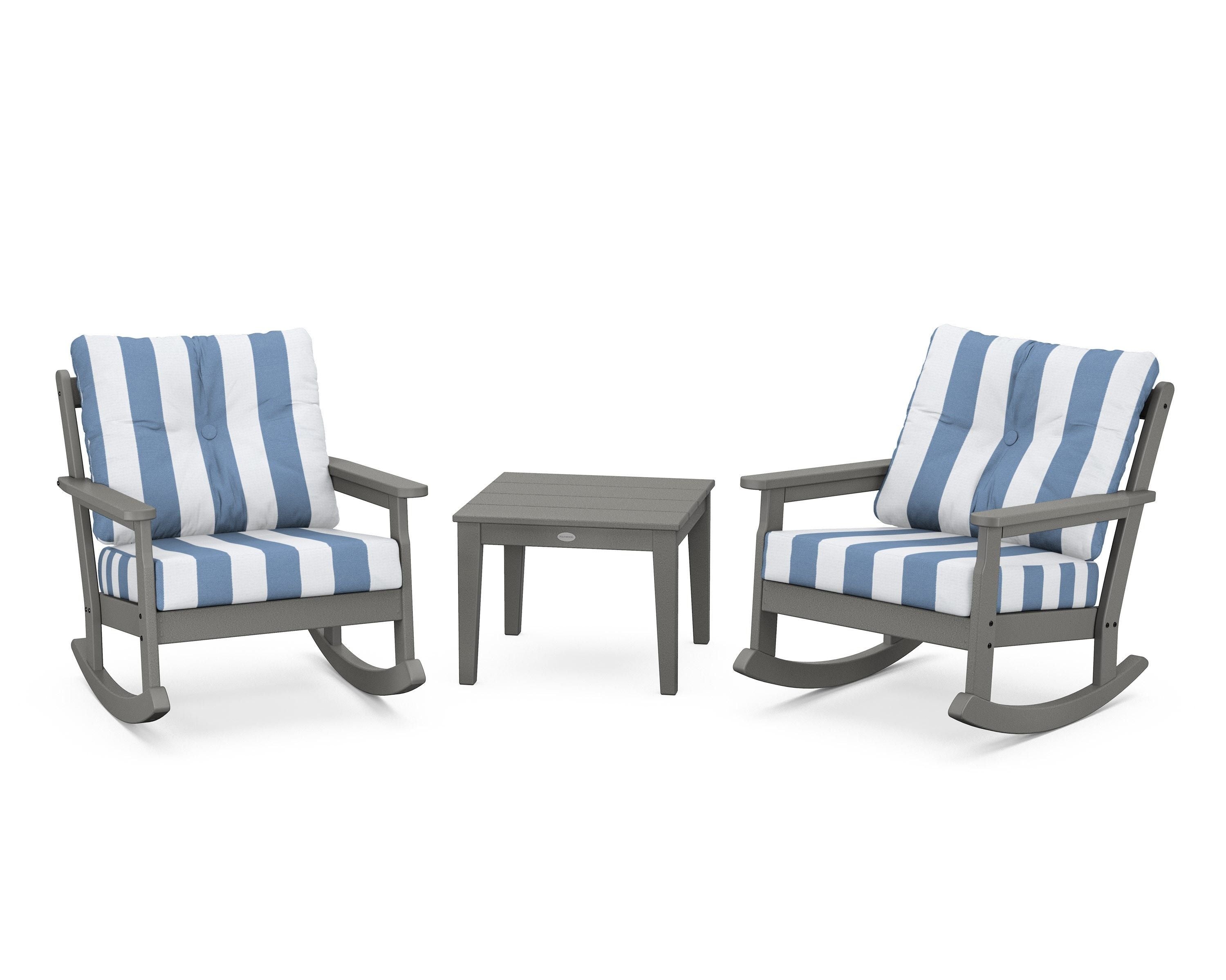 POLYWOOD® Vineyard 3-Piece Deep Seating Rocker Set in Slate Grey / Cabana Stripe Sky Blue