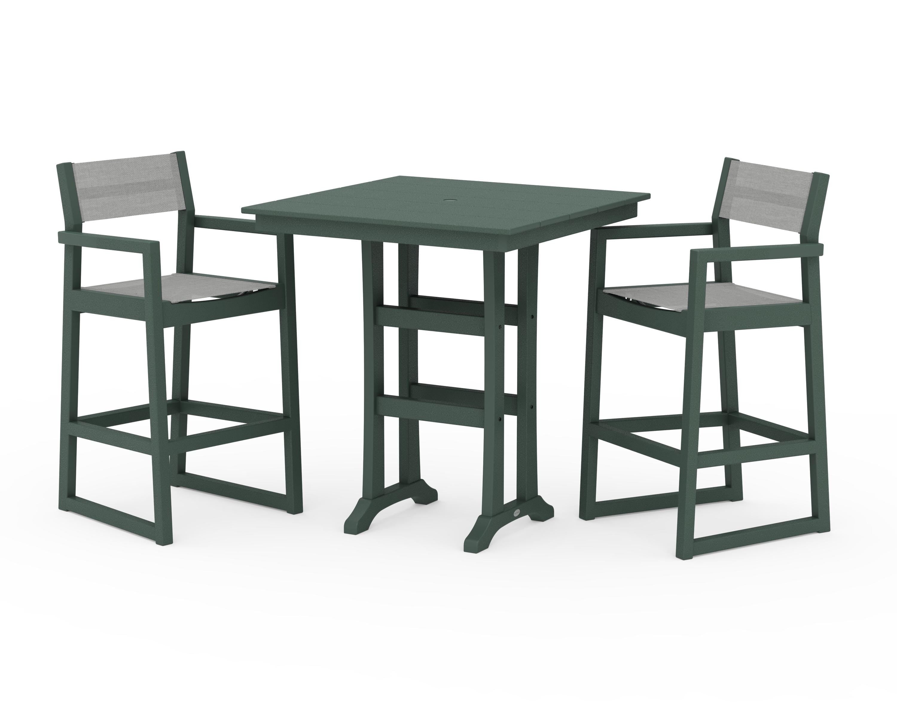 POLYWOOD® EDGE Sling Arm Chair 3-Piece Farmhouse Bar Set with Trestle Legs in Green / Metallic Sling