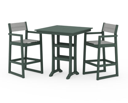 POLYWOOD® EDGE Sling Arm Chair 3-Piece Farmhouse Bar Set with Trestle Legs in Green / Metallic Sling