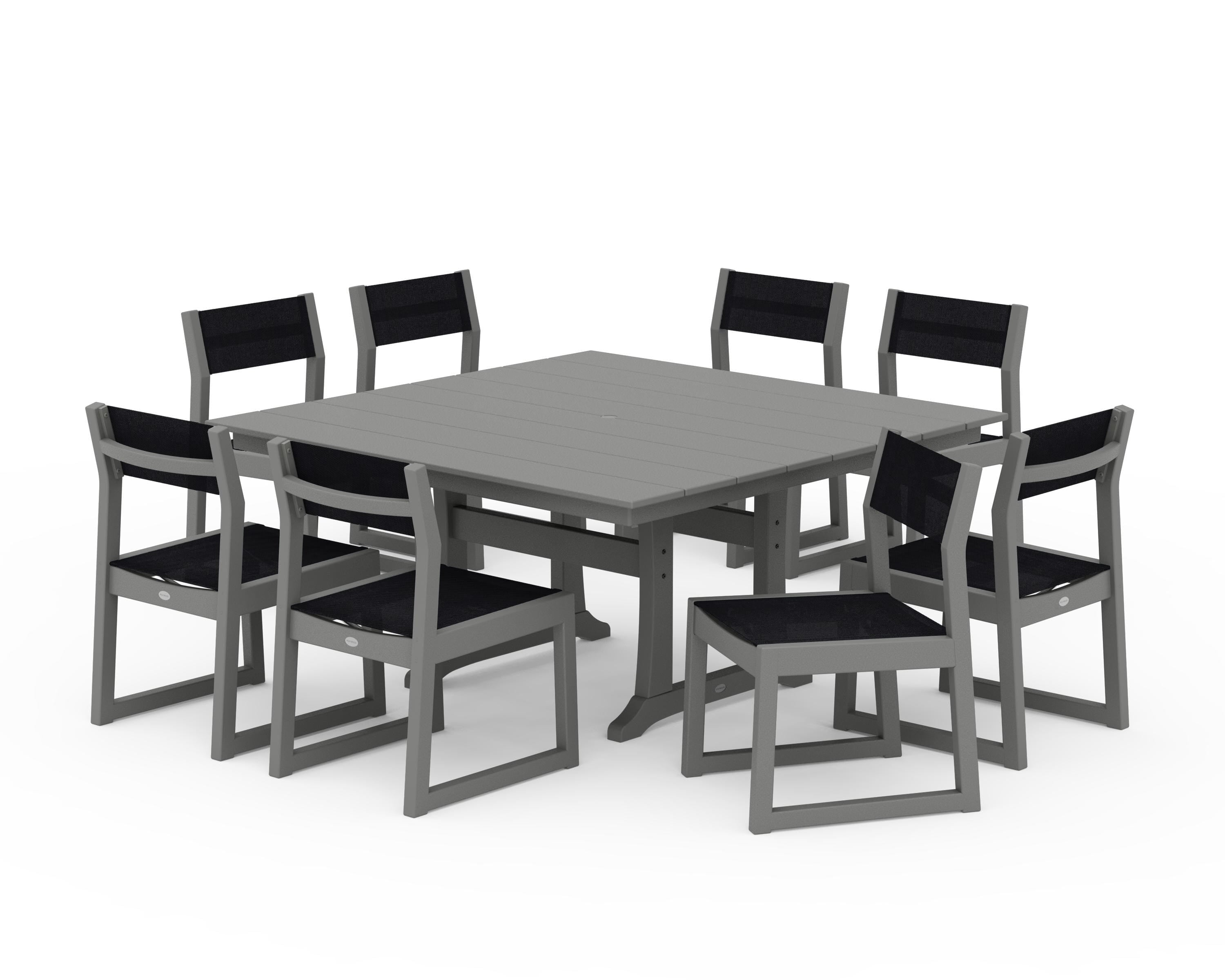 POLYWOOD® EDGE Sling Side Chair 9-Piece Farmhouse Trestle Dining Set in Slate Grey / Black Sling