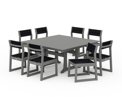 POLYWOOD® EDGE Sling Side Chair 9-Piece Farmhouse Trestle Dining Set in Slate Grey / Black Sling