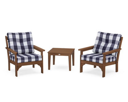 POLYWOOD® Vineyard 3-Piece Deep Seating Set in Teak / Buffalo Plaid Navy