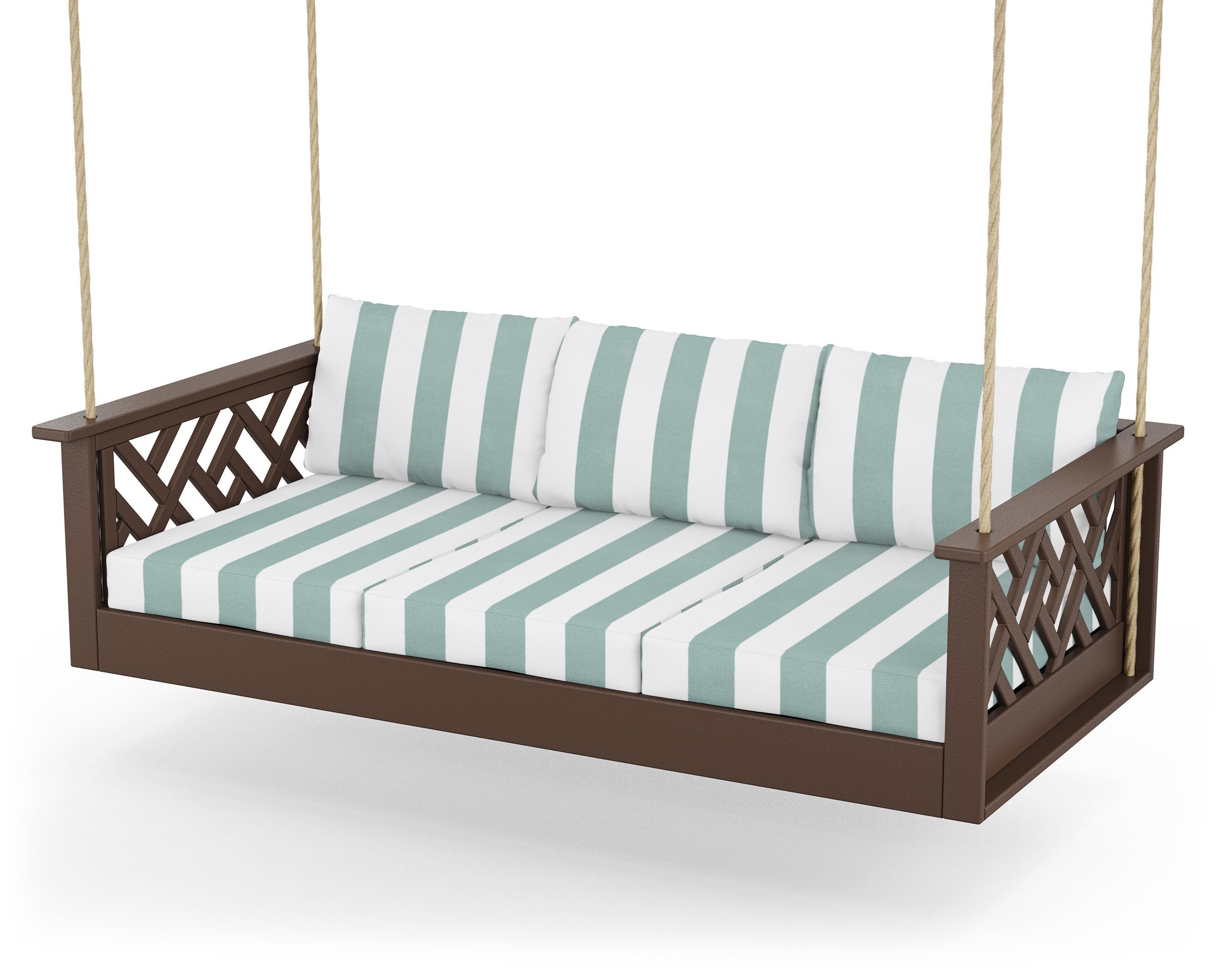 POLYWOOD® Chippendale Daybed Swing in Mahogany / Cabana Stripe Glacier Spa