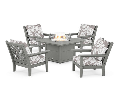 POLYWOOD® Chippendale 5-Piece Deep Seating Set with Fire Pit Table in Slate Grey / Leaf Grey Mist