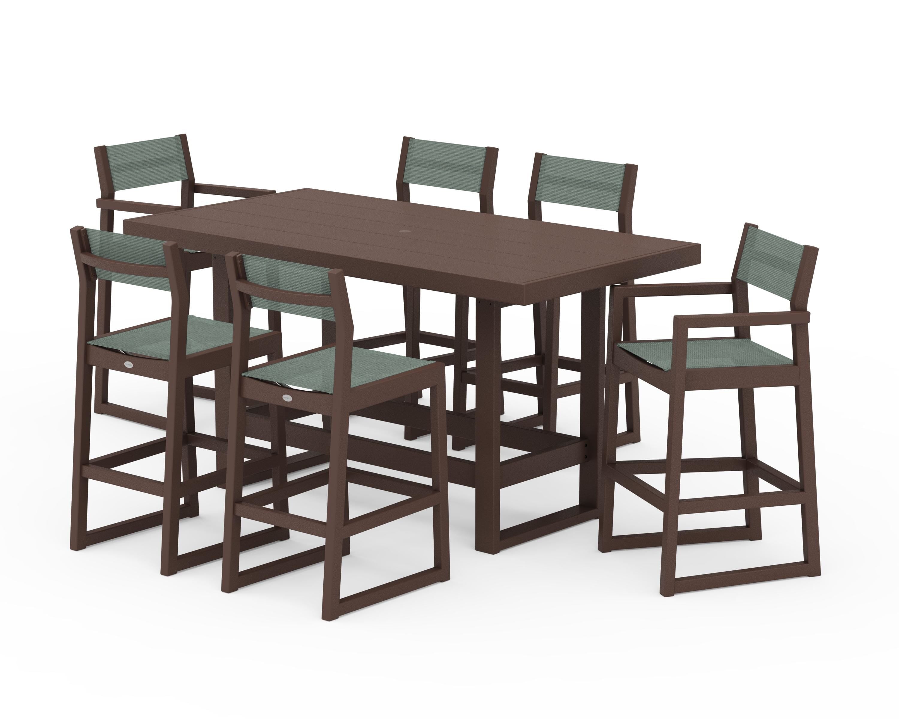 POLYWOOD® EDGE Sling 7-Piece Bar Table Set in Mahogany / Dupioni Sea Mist Sling
