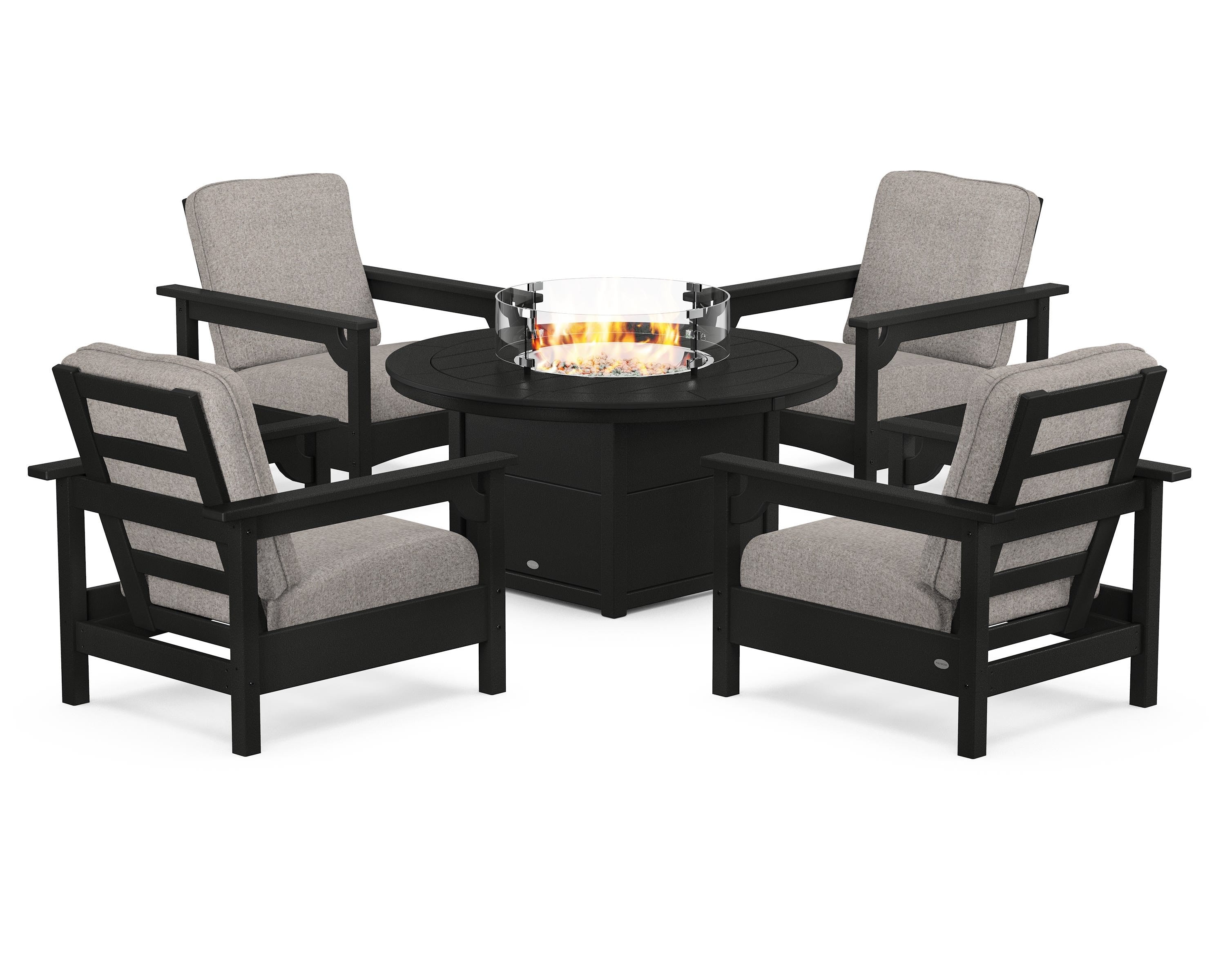 POLYWOOD® Club 5-Piece Conversation Set with Fire Pit Table in Black / Weathered Tweed