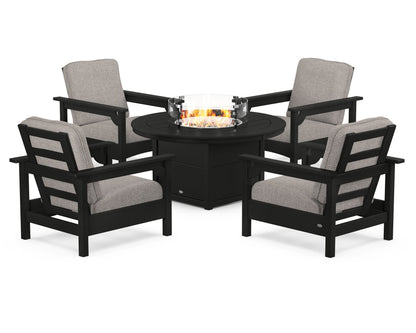 POLYWOOD® Club 5-Piece Conversation Set with Fire Pit Table in Black / Weathered Tweed