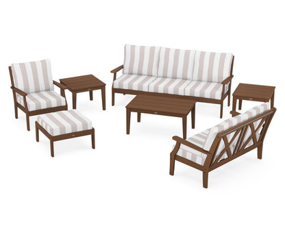 POLYWOOD® Braxton 7-Piece Deep Seating Set in Teak / Cabana Stripe Dune Burlap