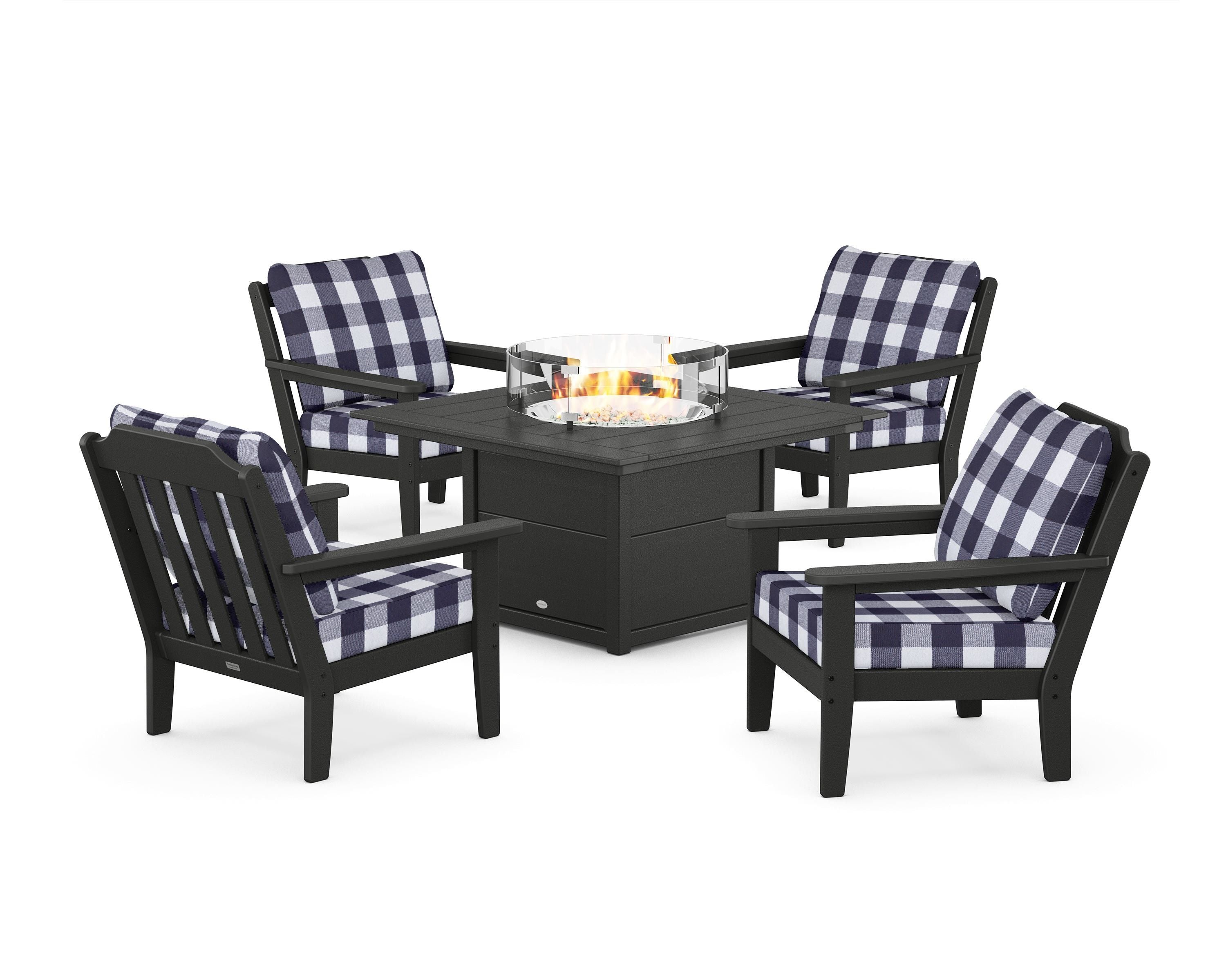 Country Living Cottage 5-Piece Deep Seating Set with Fire Pit Table in Black / Buffalo Plaid Navy