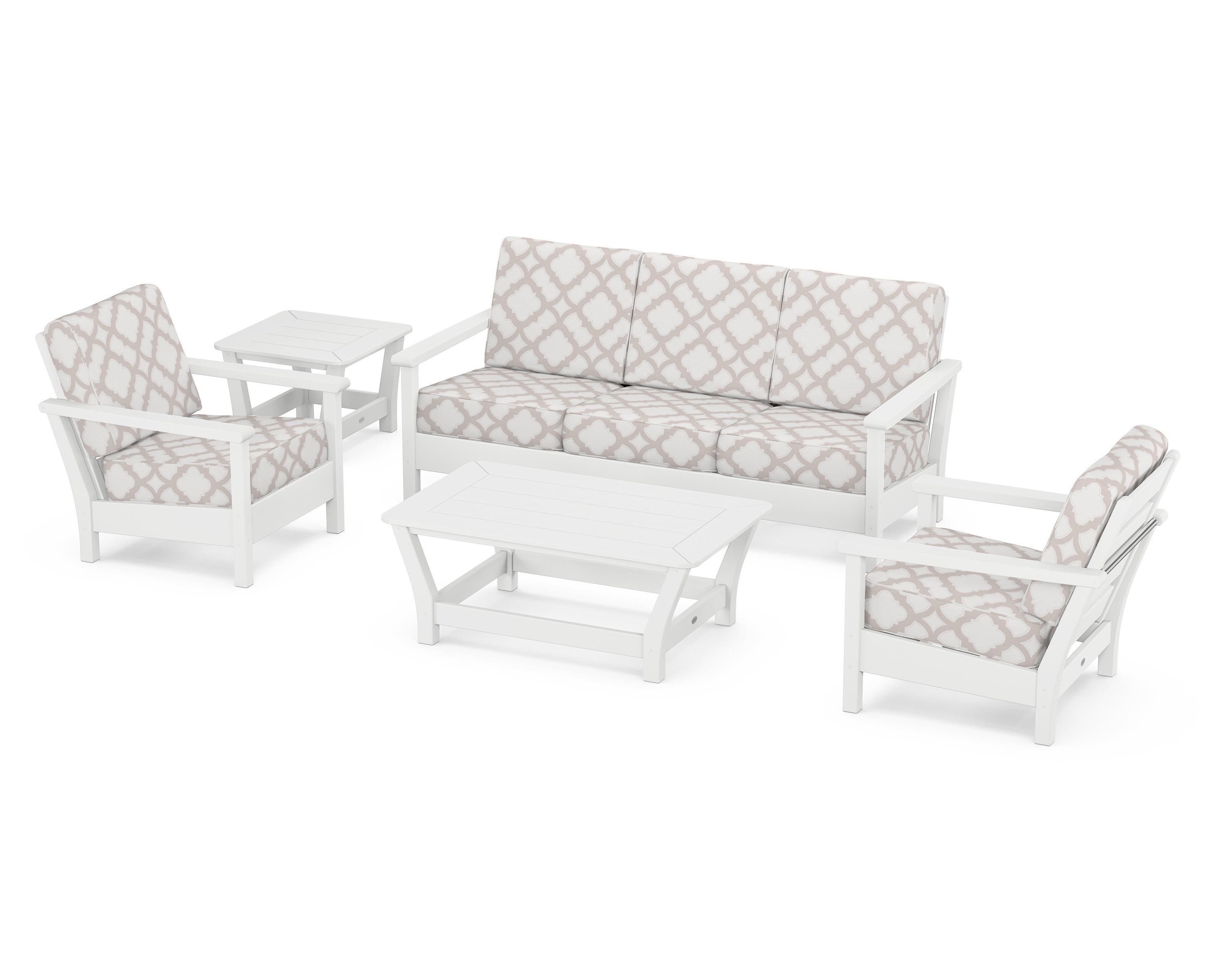 POLYWOOD® Harbour 5-Piece Deep Seating Set in White / Trellis Dune Burlap