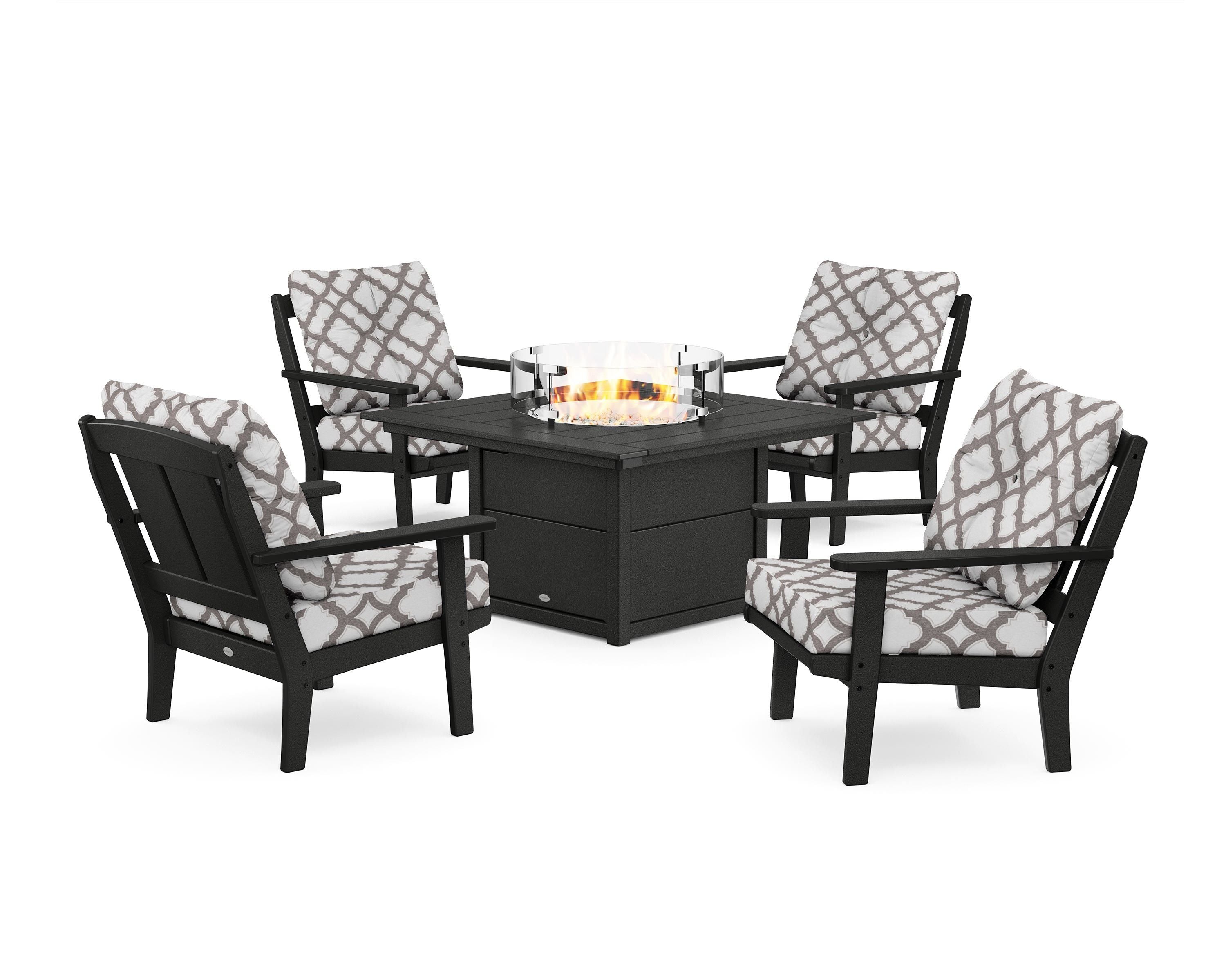 POLYWOOD® Mission 5-Piece Deep Seating Set with Fire Pit Table in Black / Trellis Grey Mist