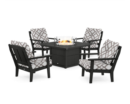 POLYWOOD® Mission 5-Piece Deep Seating Set with Fire Pit Table in Black / Trellis Grey Mist
