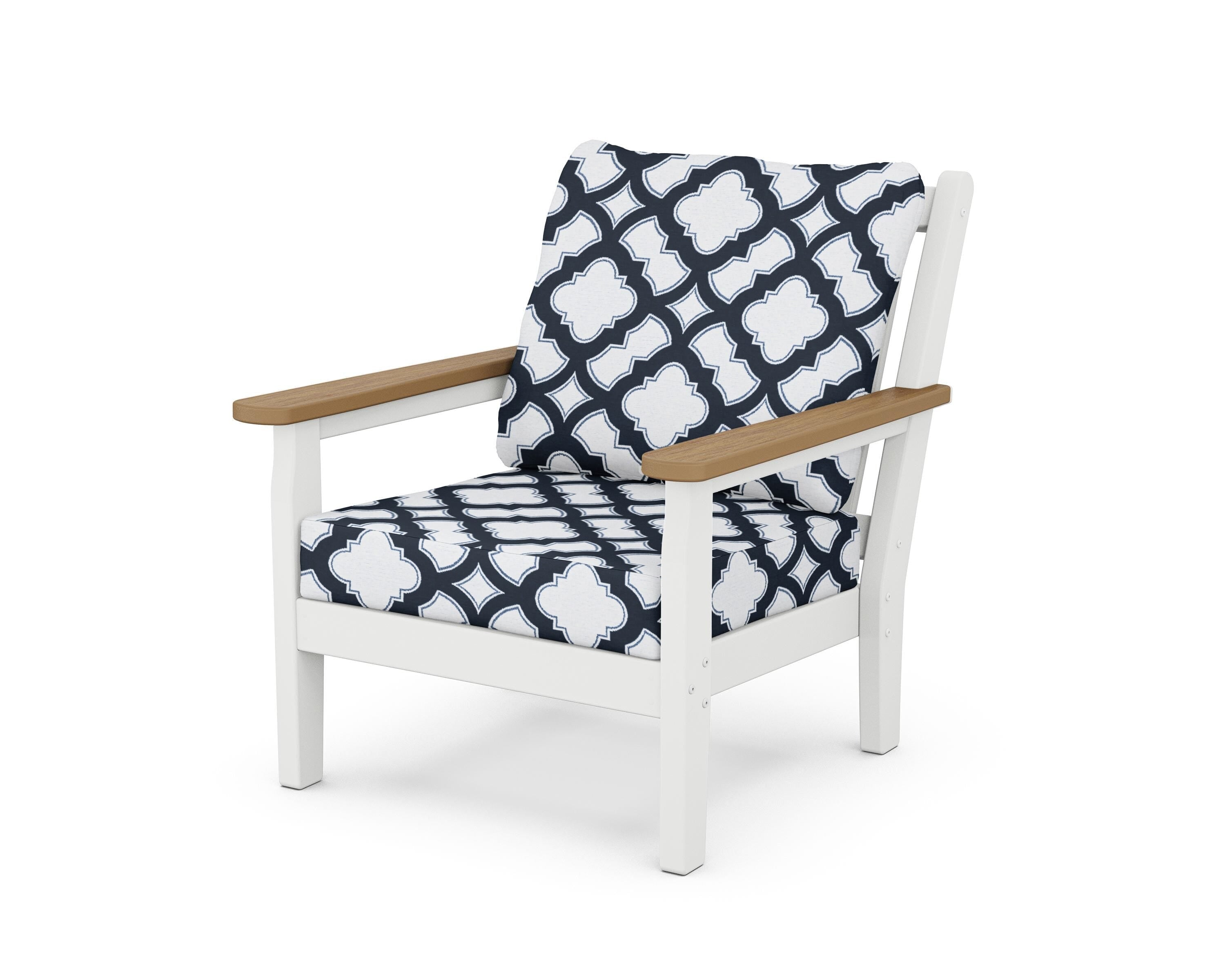 POLYWOOD® Chippendale Deep Seating Chair in White / Natural / Trellis Marine Indigo