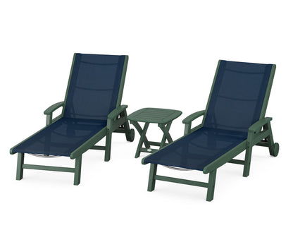 POLYWOOD® Coastal 3-Piece Wheeled Chaise Set in Green / Navy Blue Sling