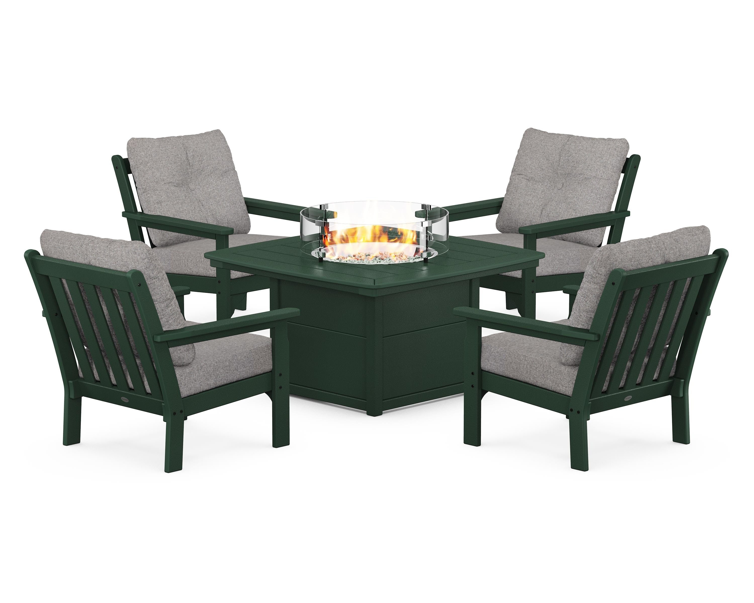 POLYWOOD® Vineyard 5-Piece Conversation Set with Fire Pit Table in Green / Grey Mist