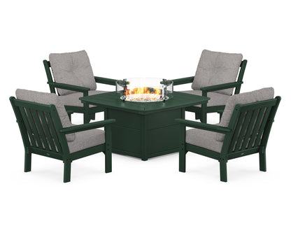 POLYWOOD® Vineyard 5-Piece Conversation Set with Fire Pit Table in Green / Grey Mist