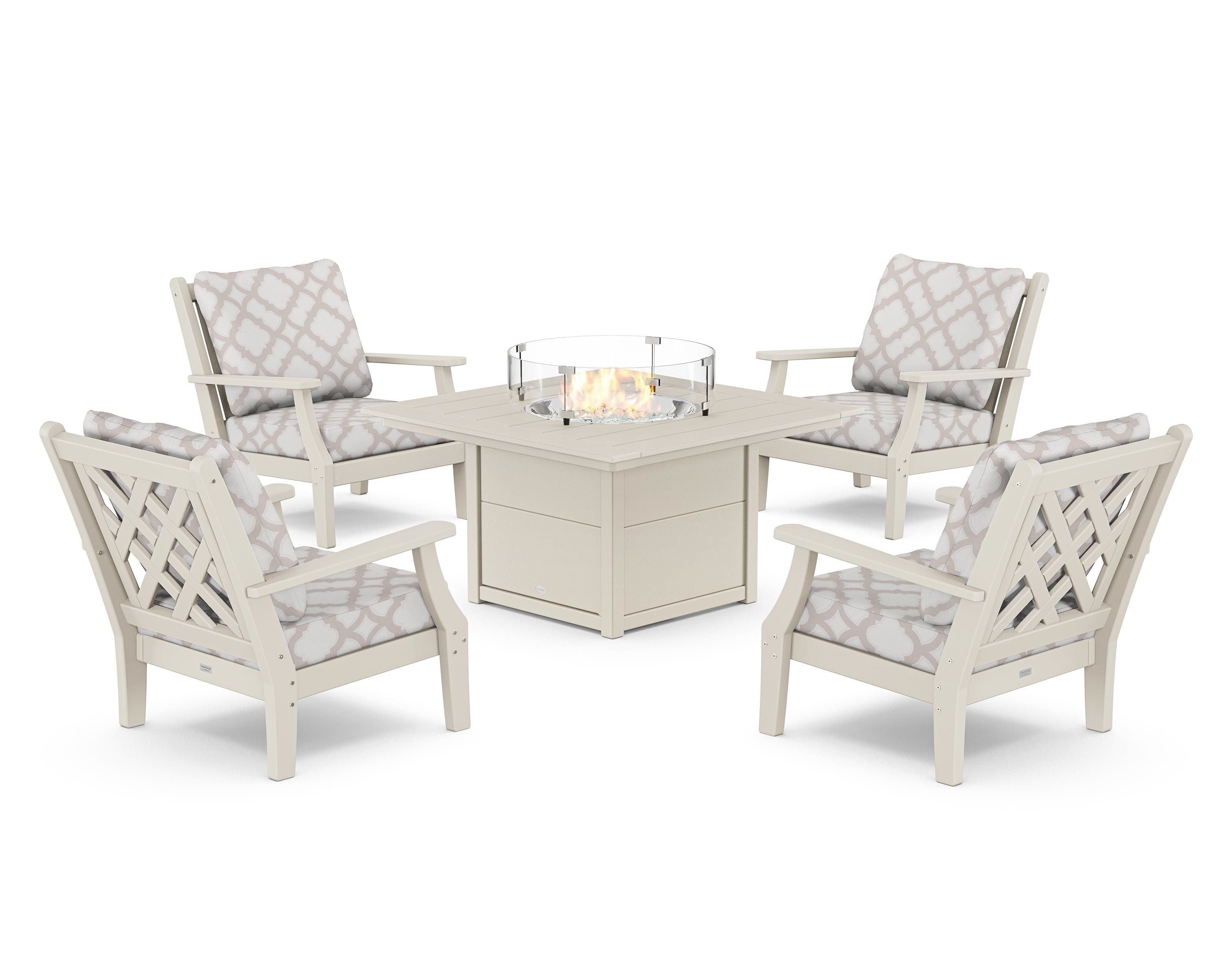 Country Living Wovendale 5-Piece Deep Seating Set with Fire Pit Table in Sand / Trellis Dune Burlap