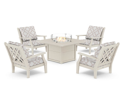 Country Living Wovendale 5-Piece Deep Seating Set with Fire Pit Table in Sand / Trellis Dune Burlap