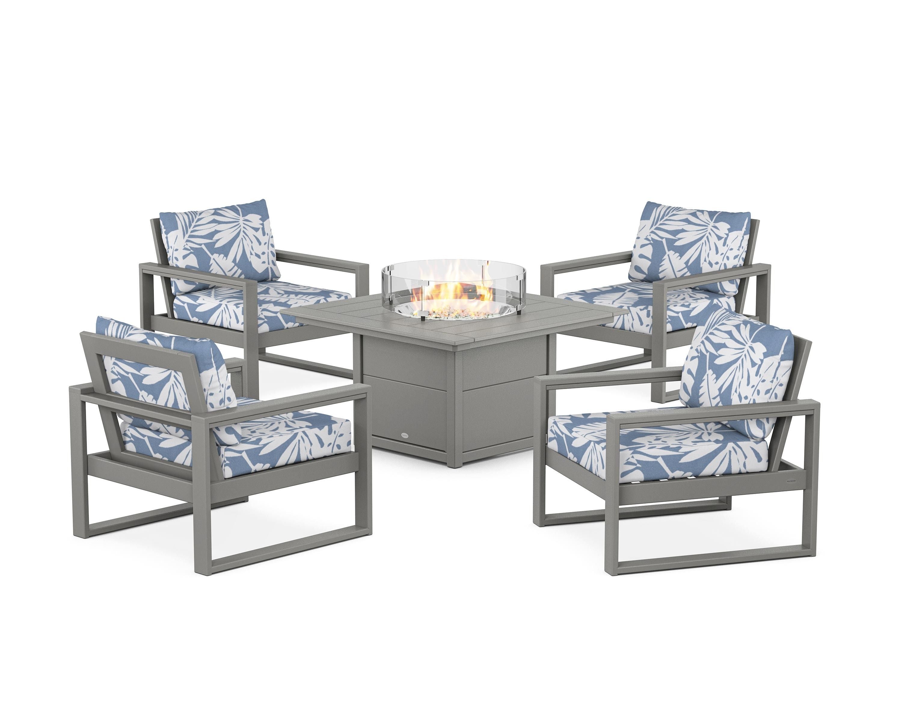POLYWOOD® EDGE Sectional 5-Piece Deep Seating Set with Fire Pit Table in Slate Grey / Leaf Sky Blue
