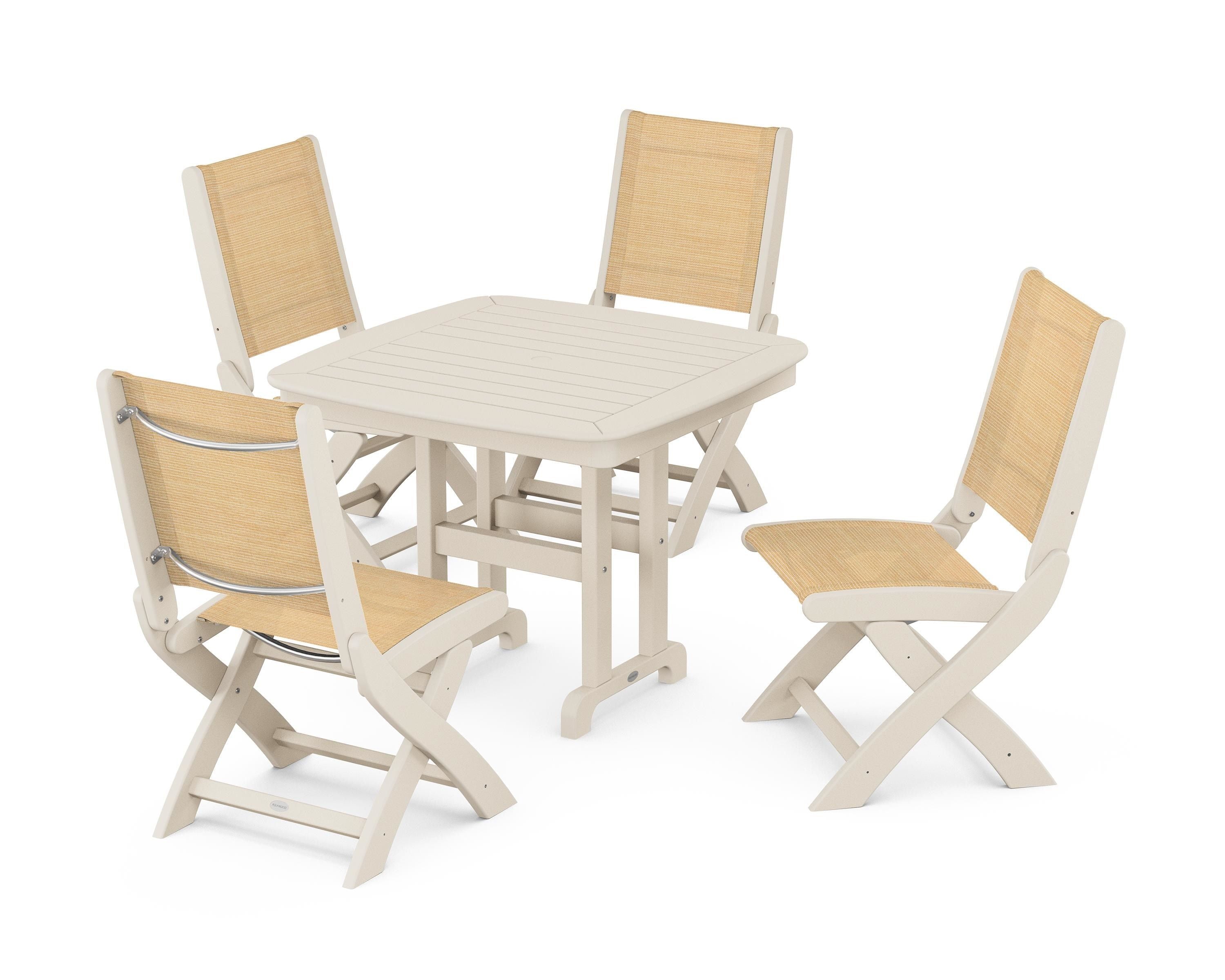 POLYWOOD® Coastal Folding Side Chair 5-Piece Dining Set in Sand / Dupioni Apricot Sling