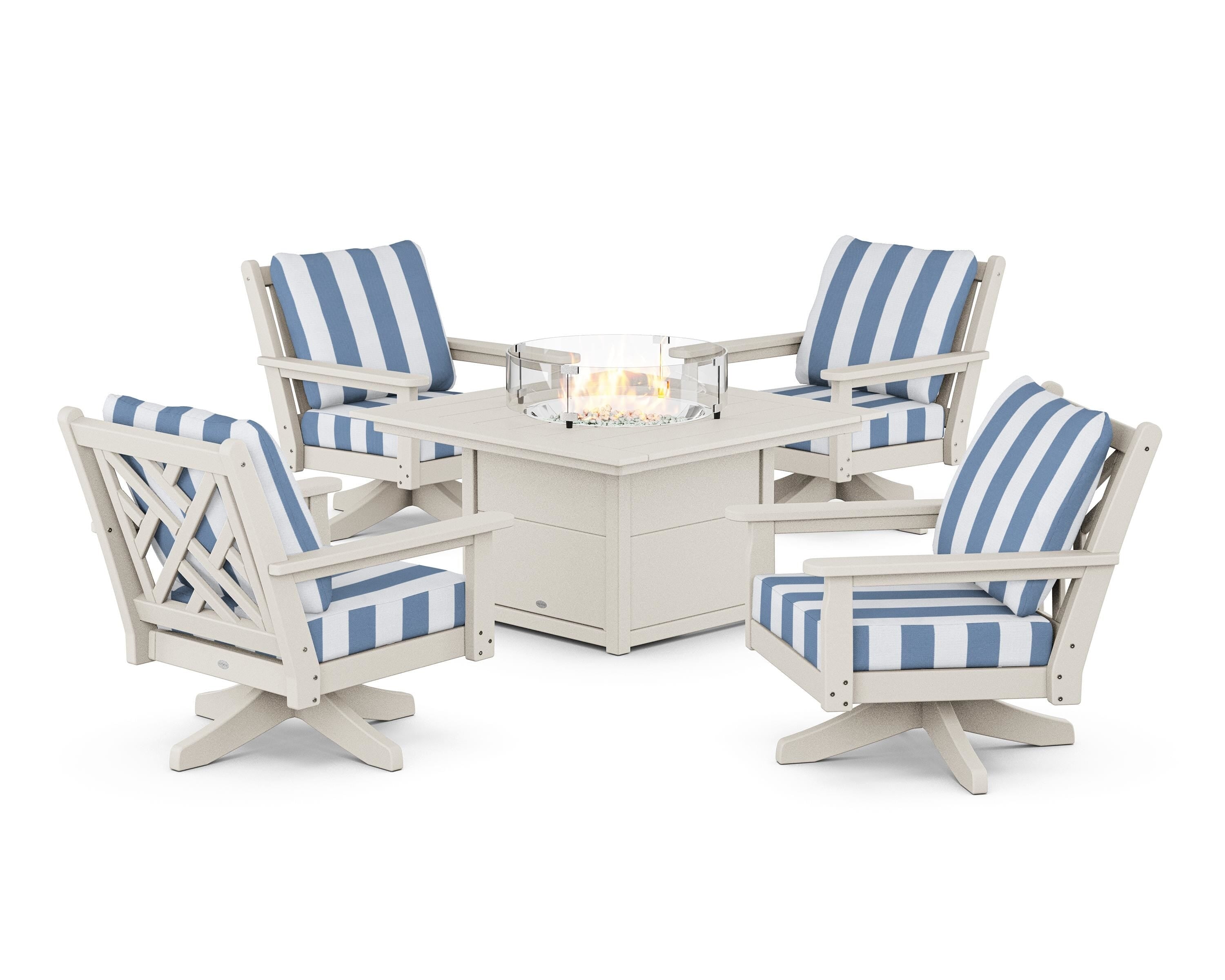 POLYWOOD® Chippendale 5-Piece Deep Seating Swivel Conversation Set with Fire Pit Table in Sand / Cabana Stripe Sky Blue