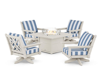 POLYWOOD® Chippendale 5-Piece Deep Seating Swivel Conversation Set with Fire Pit Table in Sand / Cabana Stripe Sky Blue