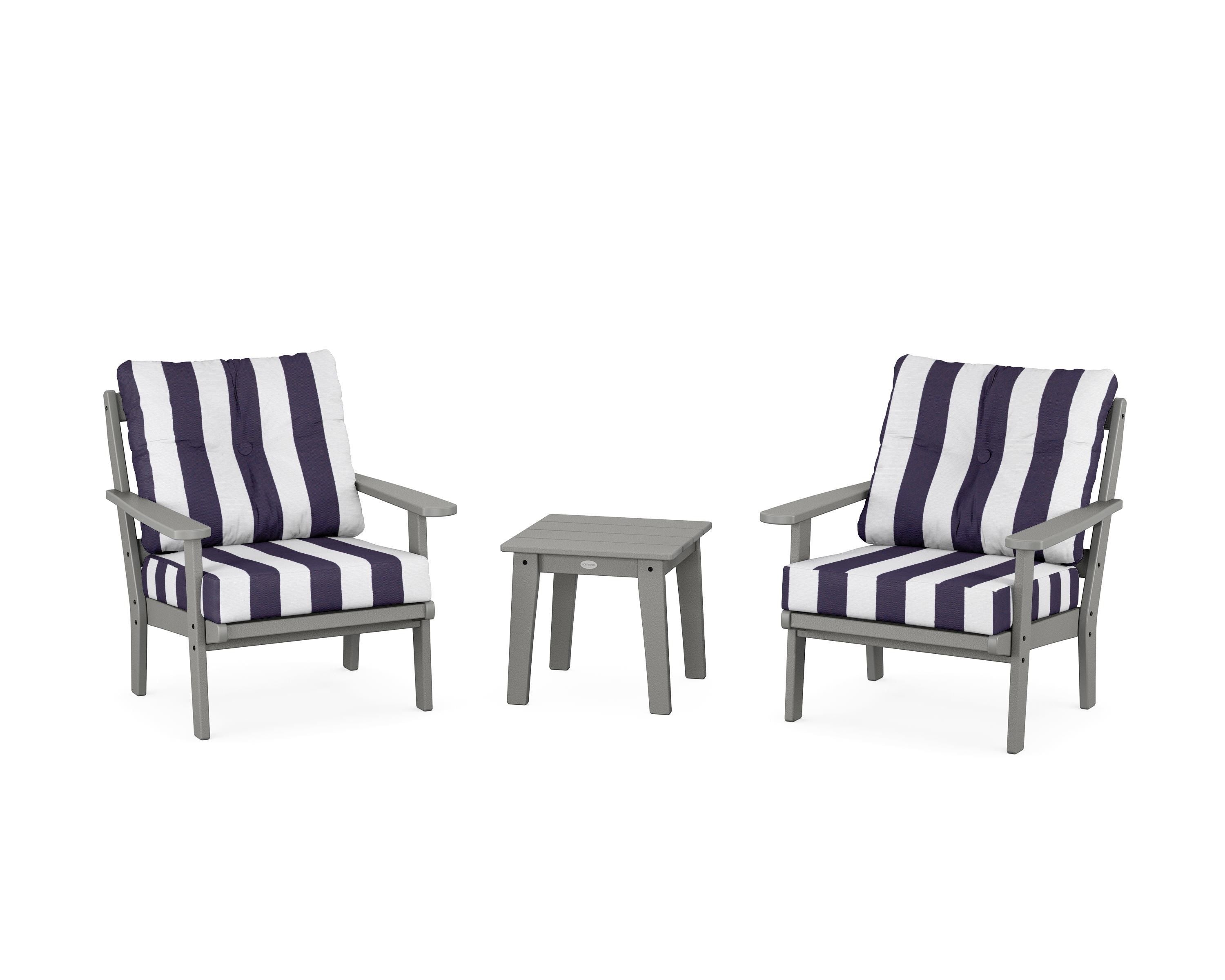 POLYWOOD® Mission 3-Piece Deep Seating Set in Slate Grey / Cabana Stripe Navy