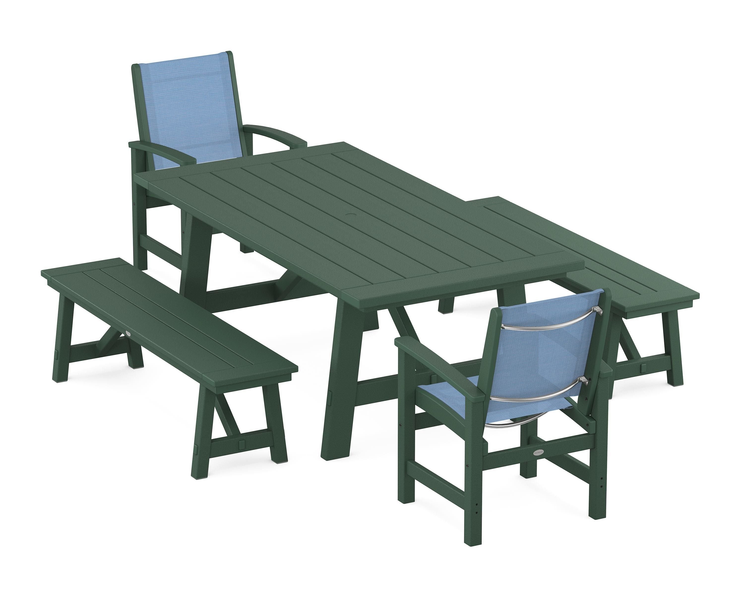 POLYWOOD® Coastal 5-Piece Rustic Farmhouse Dining Set With Benches in Green / Poolside Sling
