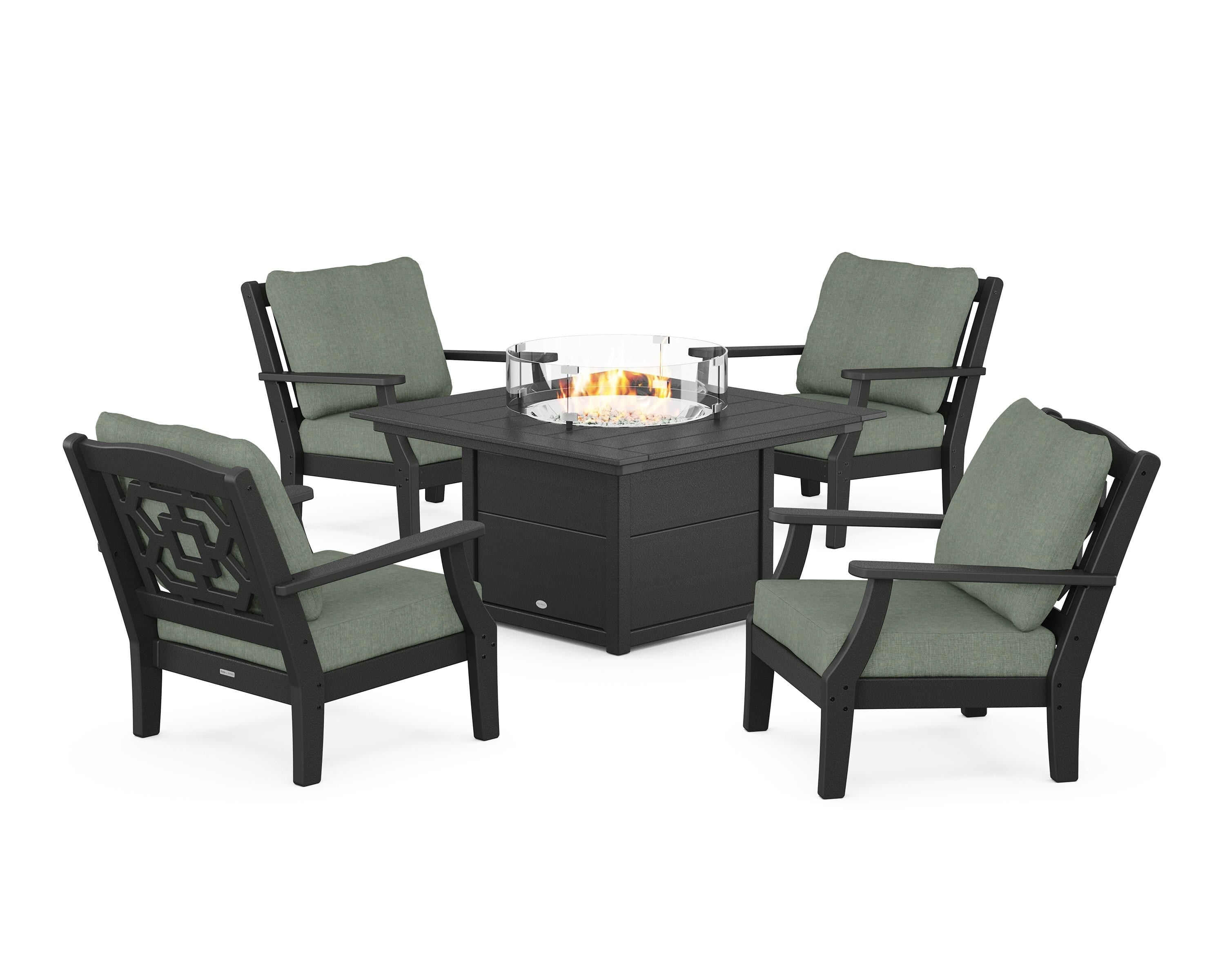 Martha Stewart by POLYWOOD® Chinoiserie 5-Piece Deep Seating Set with Fire Pit Table in Black / Cast Sage