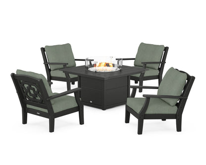 Martha Stewart by POLYWOOD® Chinoiserie 5-Piece Deep Seating Set with Fire Pit Table in Black / Cast Sage