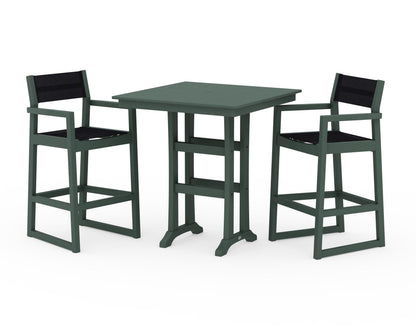 POLYWOOD® EDGE Sling Arm Chair 3-Piece Farmhouse Bar Set with Trestle Legs in Green / Black Sling