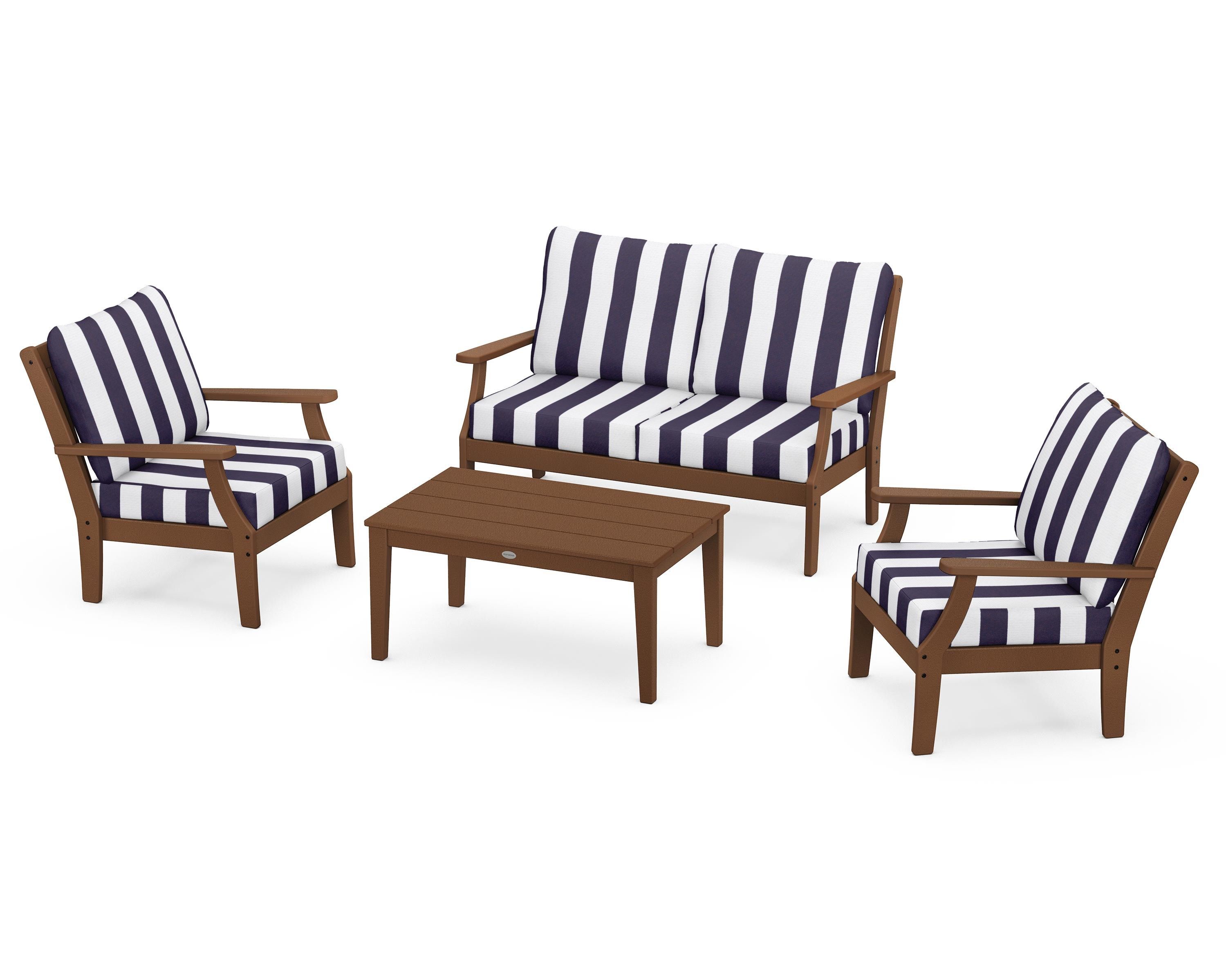 POLYWOOD® Braxton 4-Piece Deep Seating Chair Set in Teak / Cabana Stripe Navy