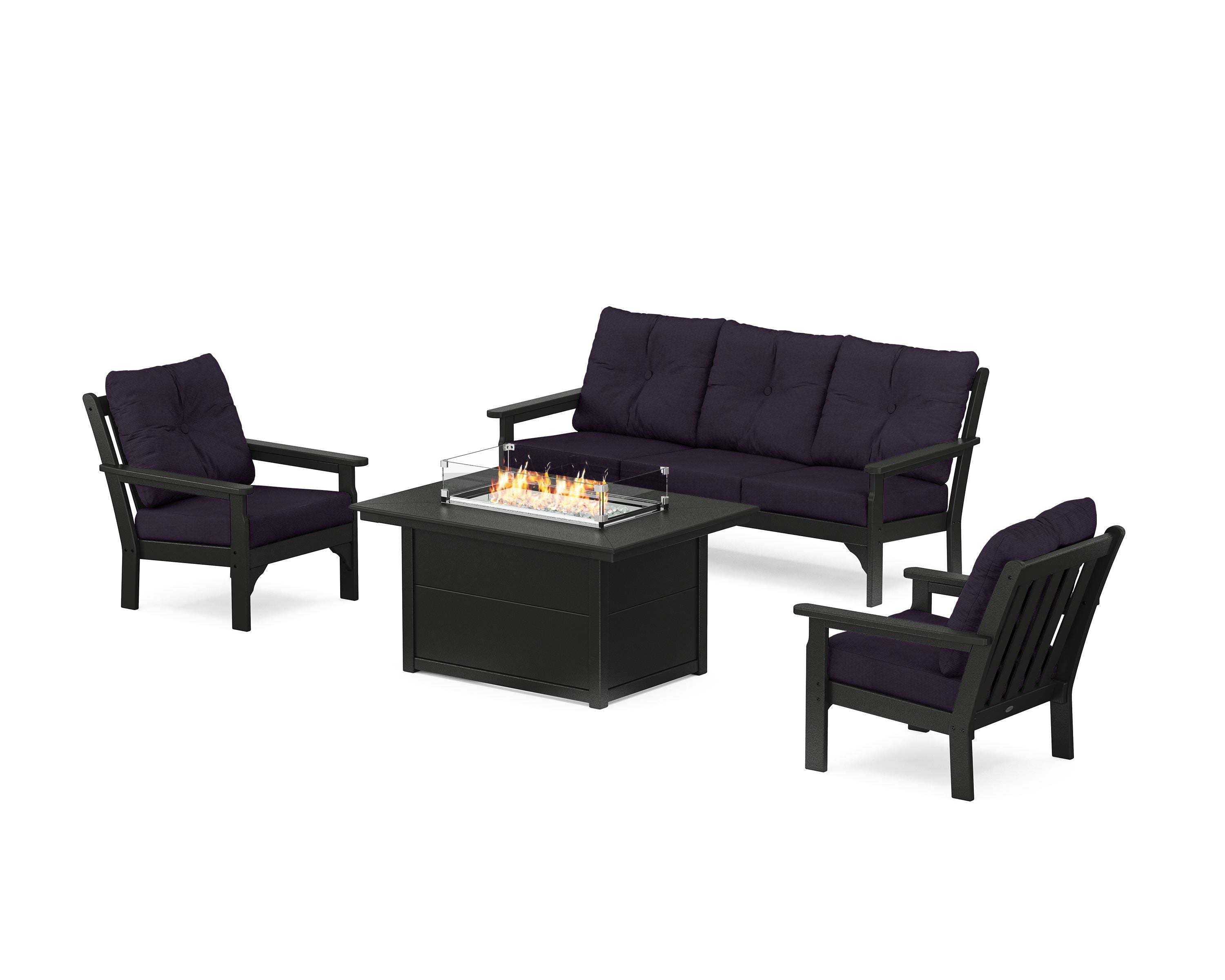 POLYWOOD® Vineyard Deep Seating Fire Pit Table Set in Black / Navy Linen