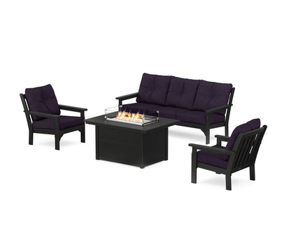 POLYWOOD® Vineyard Deep Seating Fire Pit Table Set in Black / Navy Linen