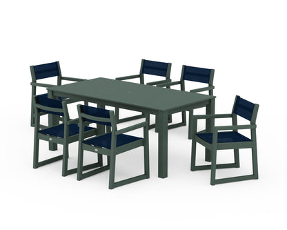 POLYWOOD® EDGE Sling Arm Chair 7-Piece Parsons Dining Set in Green / Navy Blue Sling