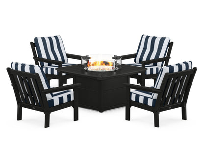 POLYWOOD® Vineyard 5-Piece Conversation Set with Fire Pit Table in Black / Cabana Stripe Marine Indigo