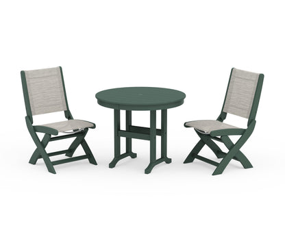 POLYWOOD® Coastal Folding Side Chair 3-Piece Round Dining Set in Green / Birch Sling