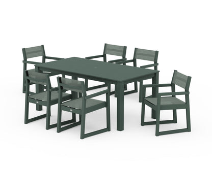 POLYWOOD® EDGE Sling Arm Chair 7-Piece Parsons Dining Set in Green / Dupioni Sea Mist Sling